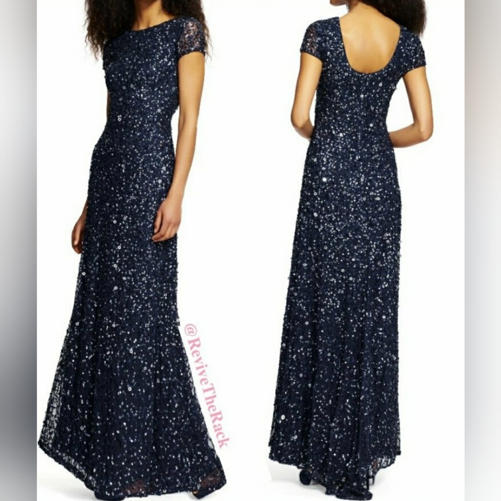 Adrianna Papell Women's Short-Sleeve, Scoop Back All Over Sequin Gown